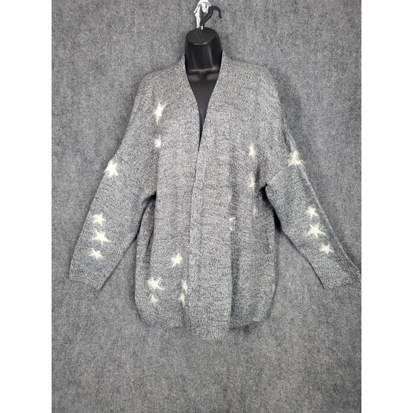 Loralette 4X Open Front Cardigan Gray Star Print Cozy Knit Sweater Plus Size - Picture 1 of 11